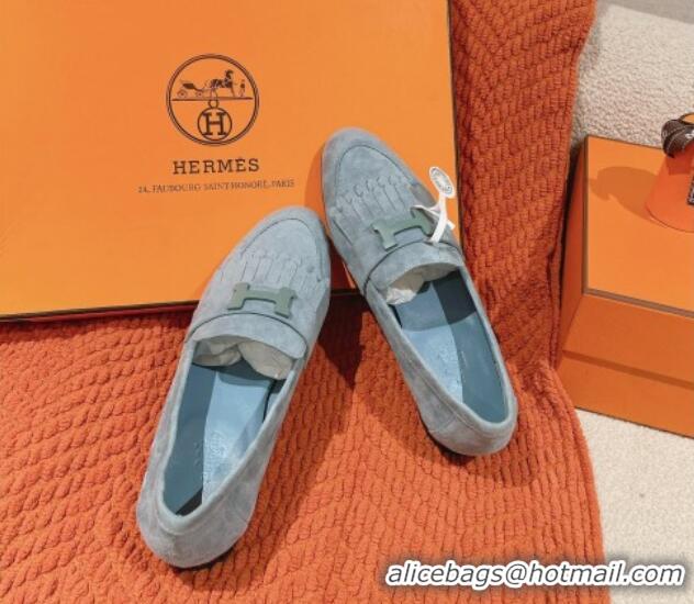 Perfect Hermes Royal Loafers in Suede Dusty Blue 0104065