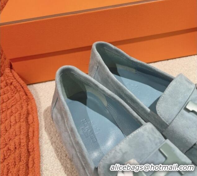 Perfect Hermes Royal Loafers in Suede Dusty Blue 0104065