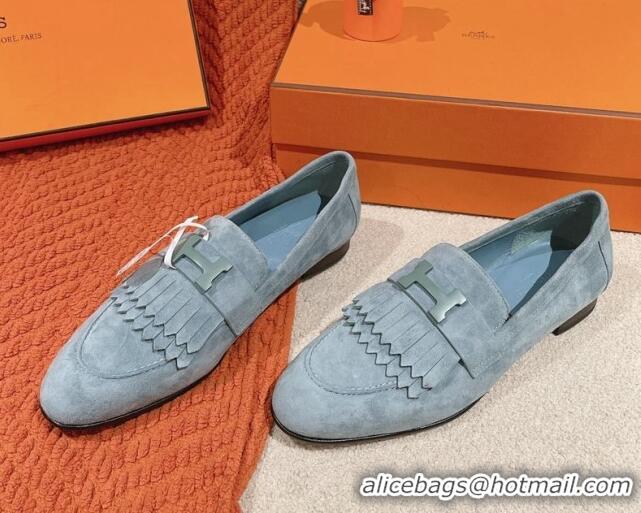 Perfect Hermes Royal Loafers in Suede Dusty Blue 0104065