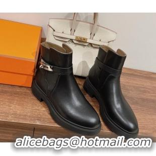 Pretty Style Hermes Veo Ankle Boots in Calfskin with Kelly Buckle Black 0104067