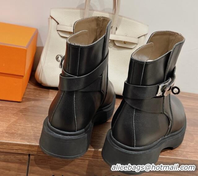 Pretty Style Hermes Veo Ankle Boots in Calfskin with Kelly Buckle Black 0104067