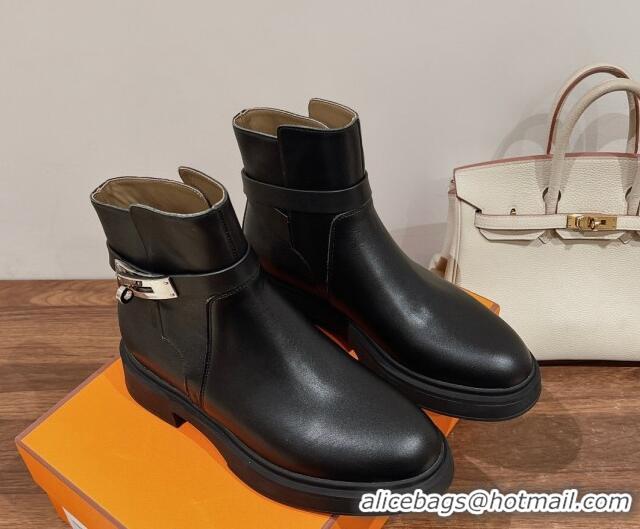 Pretty Style Hermes Veo Ankle Boots in Calfskin with Kelly Buckle Black 0104067