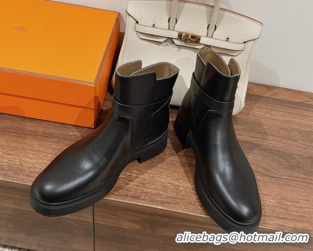 Pretty Style Hermes Veo Ankle Boots in Calfskin with Kelly Buckle Black 0104067