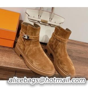 Best Grade Hermes Veo Ankle Boots in Suede with Kelly Buckle Camel 0104069