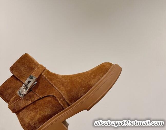 Best Grade Hermes Veo Ankle Boots in Suede with Kelly Buckle Camel 0104069