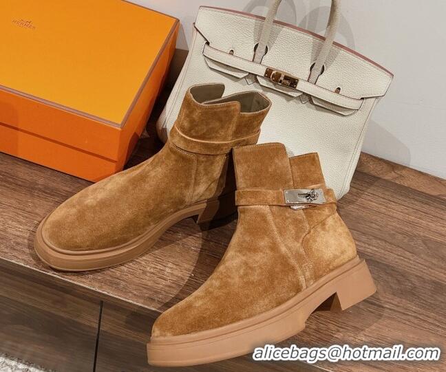 Best Grade Hermes Veo Ankle Boots in Suede with Kelly Buckle Camel 0104069