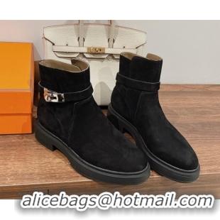 Classic Hot Hermes Veo Ankle Boots in Suede with Kelly Buckle Black 0104070