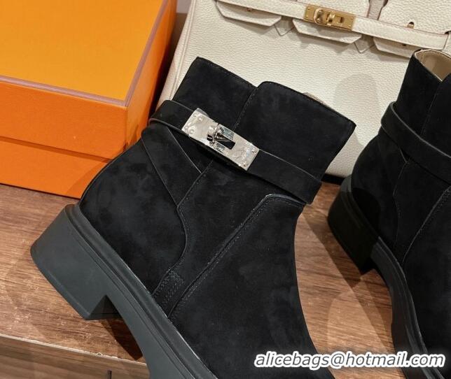 Classic Hot Hermes Veo Ankle Boots in Suede with Kelly Buckle Black 0104070