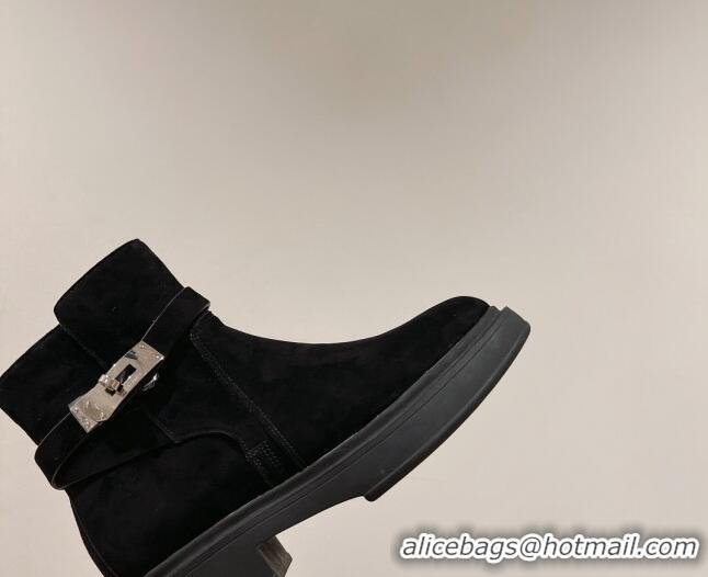 Classic Hot Hermes Veo Ankle Boots in Suede with Kelly Buckle Black 0104070