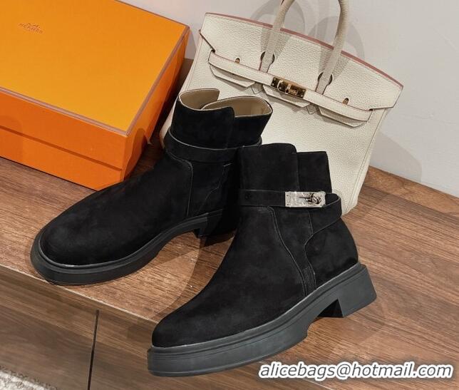 Classic Hot Hermes Veo Ankle Boots in Suede with Kelly Buckle Black 0104070