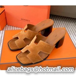 Best Price Hermes Helia Heel Slide Sandals 6cm in Suede Brown 0104071