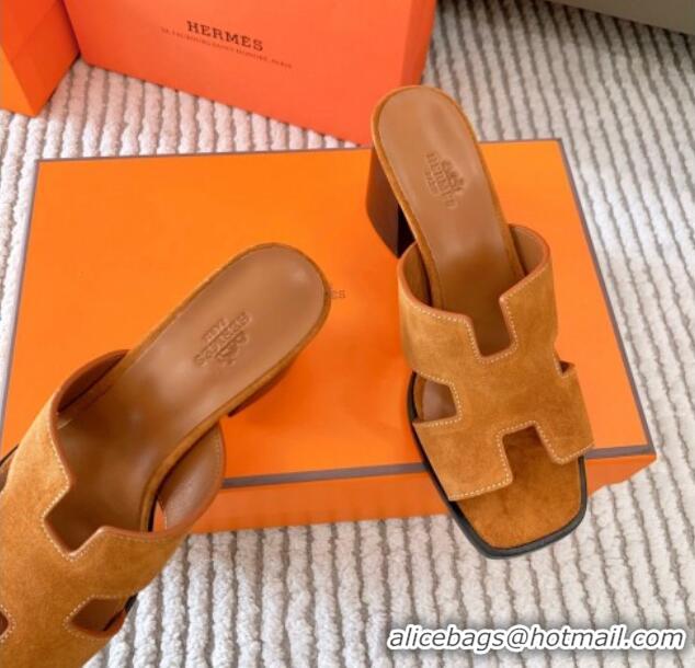 Best Price Hermes Helia Heel Slide Sandals 6cm in Suede Brown 0104071