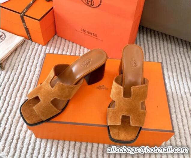 Best Price Hermes Helia Heel Slide Sandals 6cm in Suede Brown 0104071