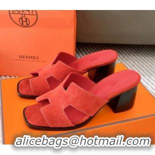 Shop Duplicate Hermes Helia Heel Slide Sandals 6cm in Suede Red 0104072