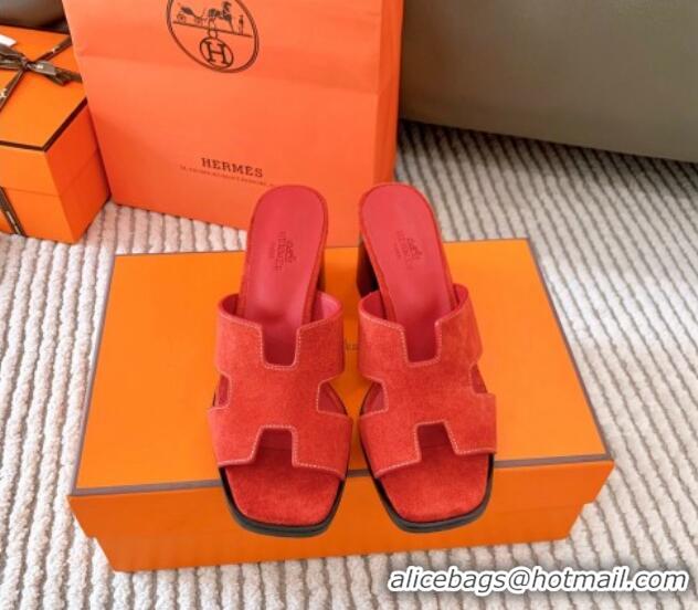 Shop Duplicate Hermes Helia Heel Slide Sandals 6cm in Suede Red 0104072