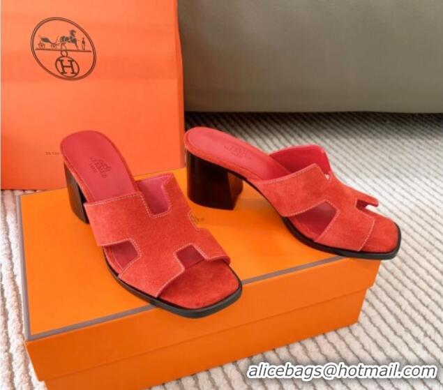 Shop Duplicate Hermes Helia Heel Slide Sandals 6cm in Suede Red 0104072