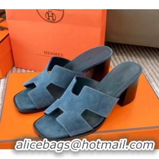 Good Looking Hermes Helia Heel Slide Sandals 6cm in Suede Blue 0104073