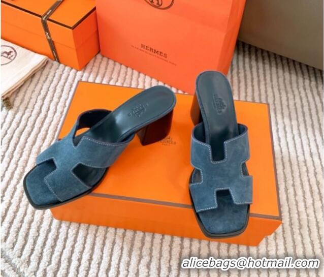 Good Looking Hermes Helia Heel Slide Sandals 6cm in Suede Blue 0104073