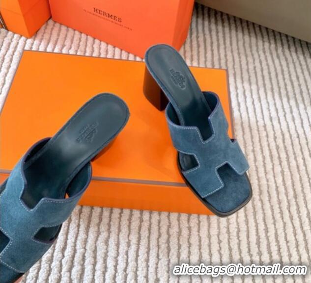 Good Looking Hermes Helia Heel Slide Sandals 6cm in Suede Blue 0104073