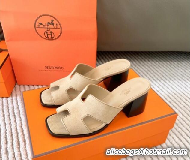 Popular Style Hermes Helia Heel Slide Sandals 6cm in Suede Beige 0104074