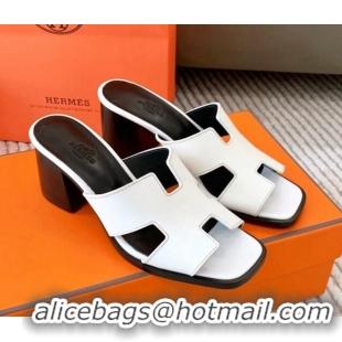 Good Quality Hermes Helia Heel Slide Sandals 6cm in Calfskin White 0104075