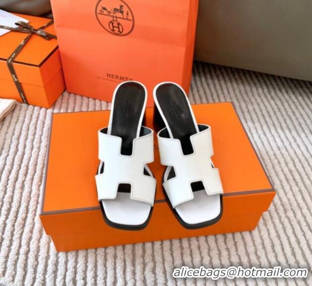 Good Quality Hermes Helia Heel Slide Sandals 6cm in Calfskin White 0104075