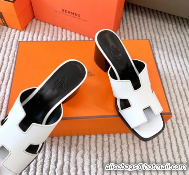 Good Quality Hermes Helia Heel Slide Sandals 6cm in Calfskin White 0104075