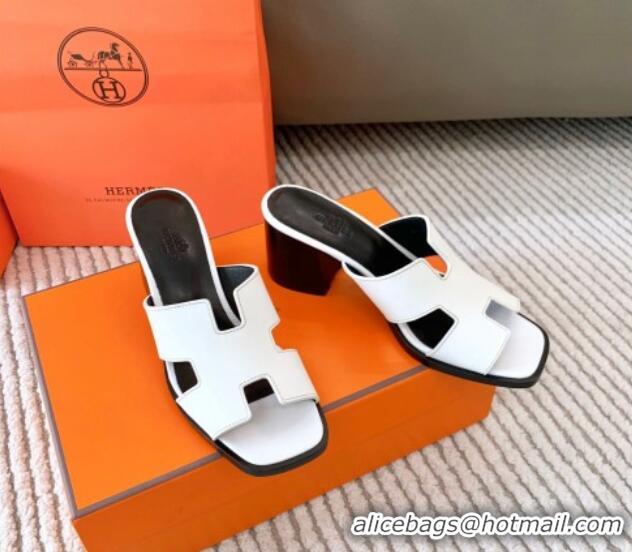 Good Quality Hermes Helia Heel Slide Sandals 6cm in Calfskin White 0104075