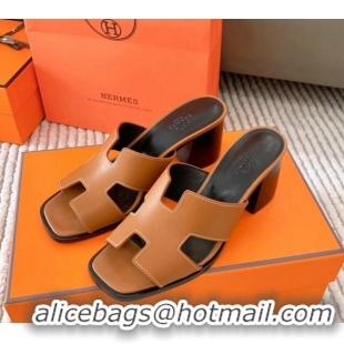 Top Grade Hermes Helia Heel Slide Sandals 6cm in Calfskin Brown 0104076