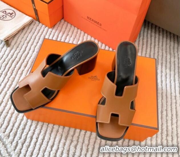 Top Grade Hermes Helia Heel Slide Sandals 6cm in Calfskin Brown 0104076