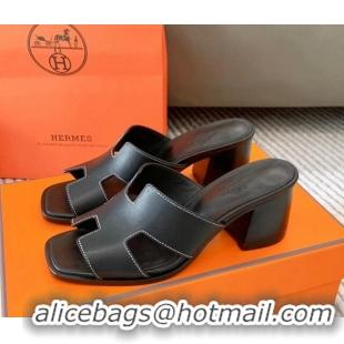 Purchase Hermes Helia Heel Slide Sandals 6cm in Calfskin Black 0104077