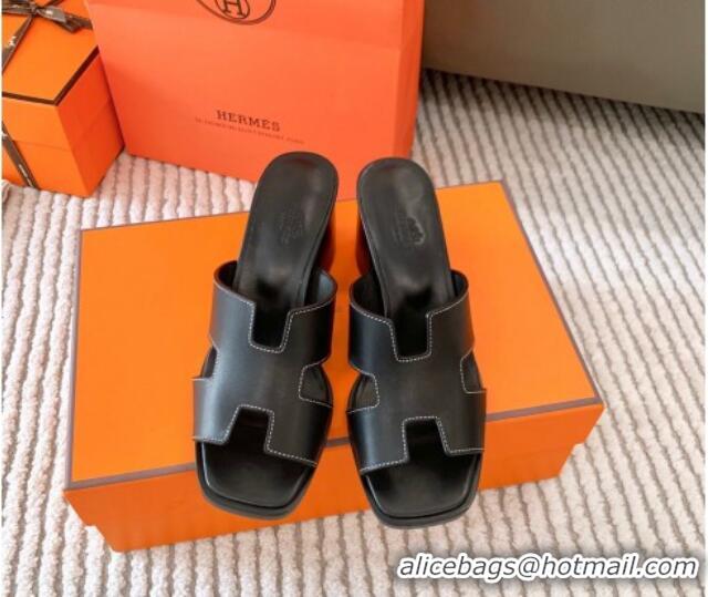 Purchase Hermes Helia Heel Slide Sandals 6cm in Calfskin Black 0104077