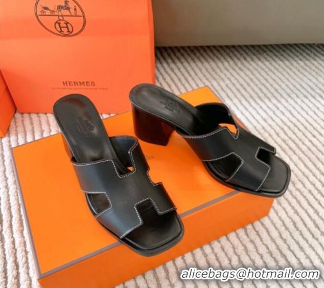 Purchase Hermes Helia Heel Slide Sandals 6cm in Calfskin Black 0104077