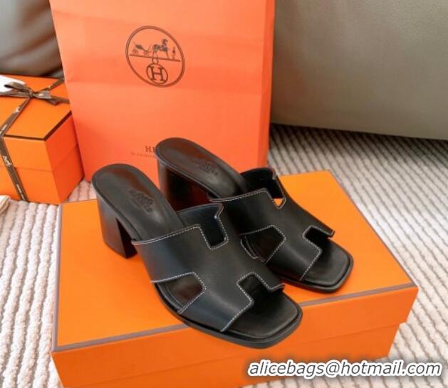 Purchase Hermes Helia Heel Slide Sandals 6cm in Calfskin Black 0104077