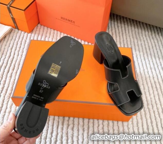 Purchase Hermes Helia Heel Slide Sandals 6cm in Calfskin Black 0104077