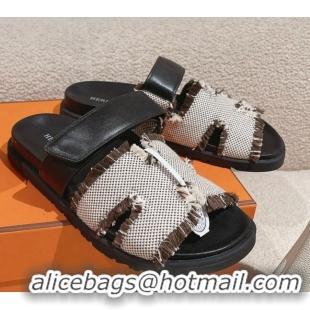 Buy Luxury Hermes Chypre Flat Sandals in Fringed H Canvas and Calfskin 0104078