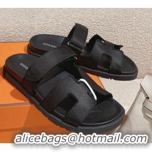 Discount Hermes Chypre Flat Sandals in Satin Fabric Black 0104079