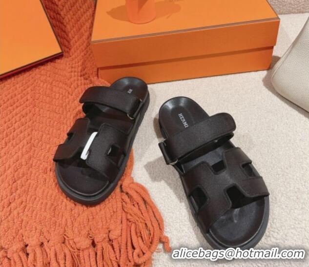 Discount Hermes Chypre Flat Sandals in Satin Fabric Black 0104079