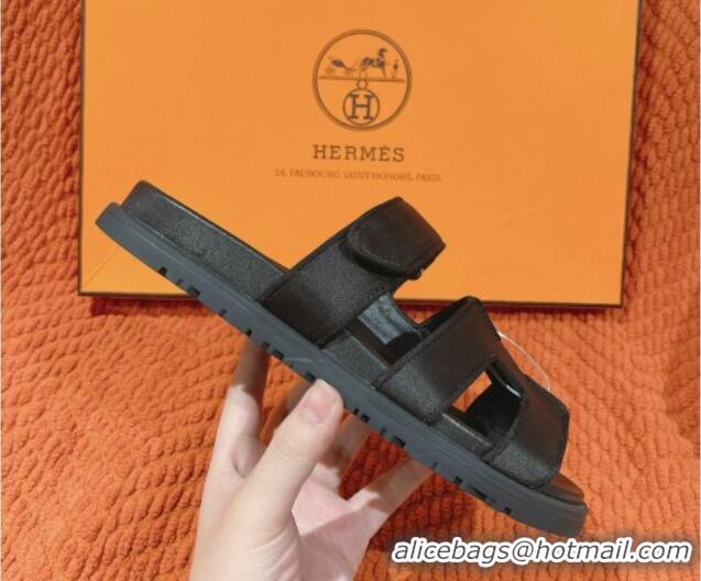 Discount Hermes Chypre Flat Sandals in Satin Fabric Black 0104079