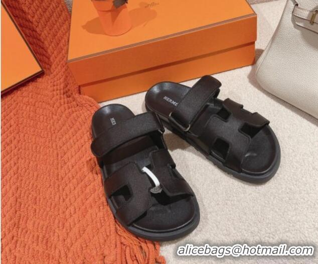 Discount Hermes Chypre Flat Sandals in Satin Fabric Black 0104079