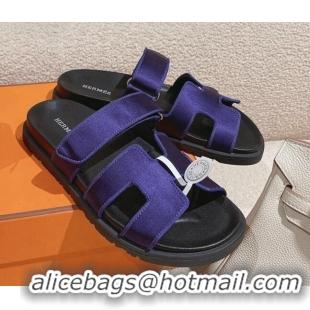 Grade Quality Hermes Chypre Flat Sandals in Satin Fabric Purple 0104080