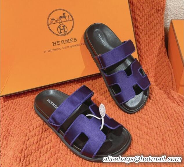 Grade Quality Hermes Chypre Flat Sandals in Satin Fabric Purple 0104080