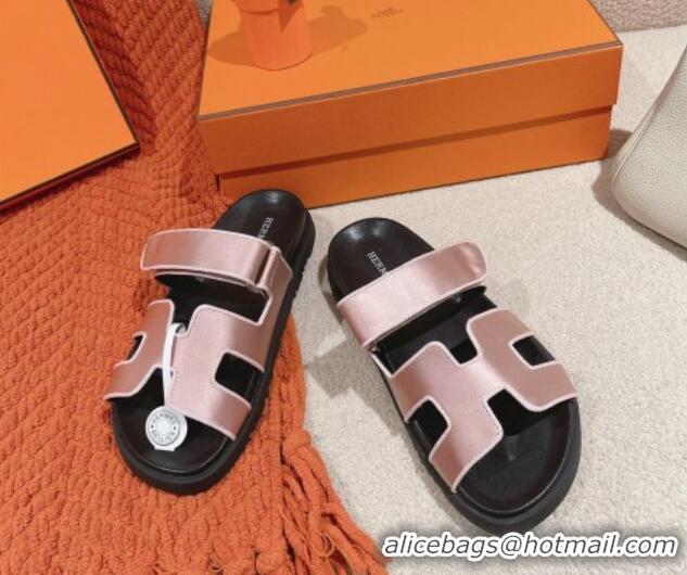 Top Design Hermes Chypre Flat Sandals in Satin Fabric Light Pink 0104081