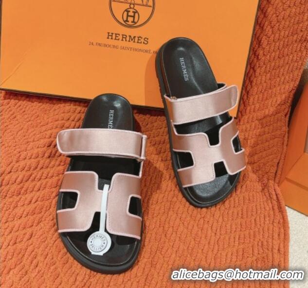 Top Design Hermes Chypre Flat Sandals in Satin Fabric Light Pink 0104081