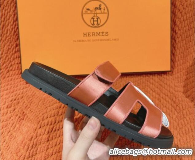 Good Product Hermes Chypre Flat Sandals in Satin Fabric Red 0104082