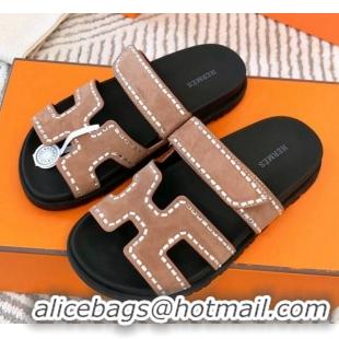 AAAAA Hermes Chypre Flat Sandals in Suede with Crystals Rose Beige 0104083