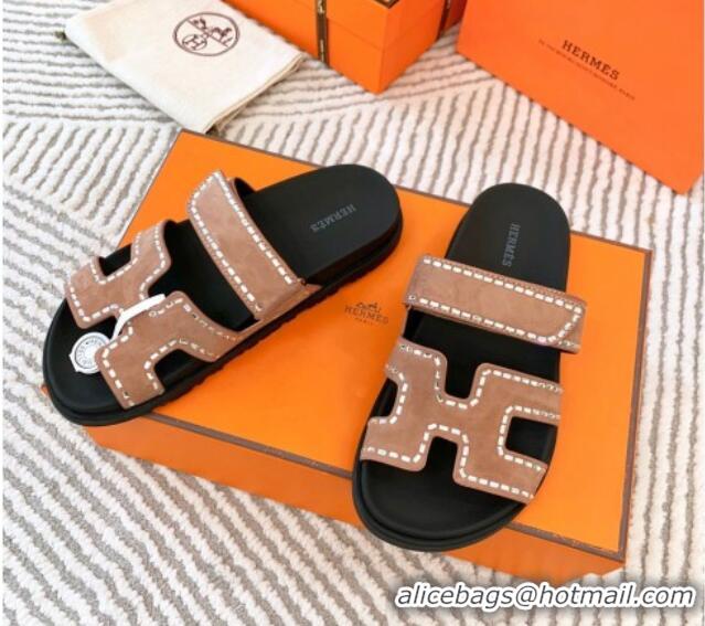 AAAAA Hermes Chypre Flat Sandals in Suede with Crystals Rose Beige 0104083