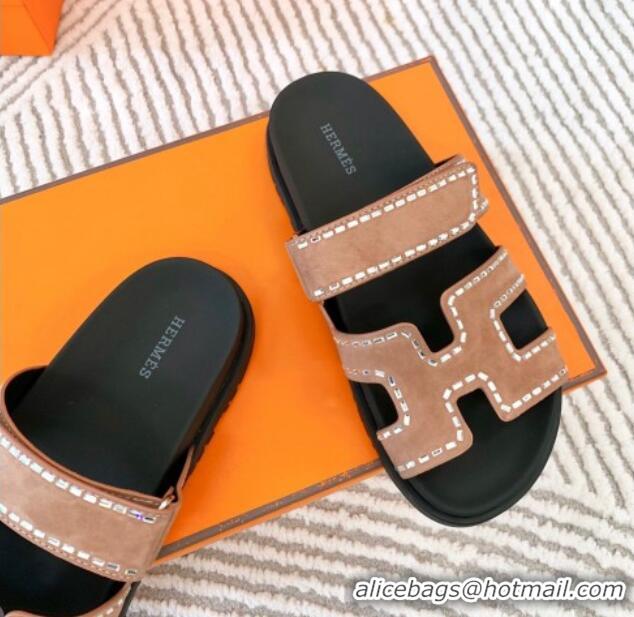 AAAAA Hermes Chypre Flat Sandals in Suede with Crystals Rose Beige 0104083