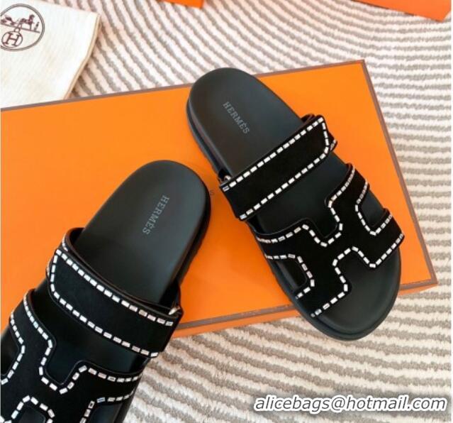 Sumptuous Hermes Chypre Flat Sandals in Suede with Crystals Black 0104084