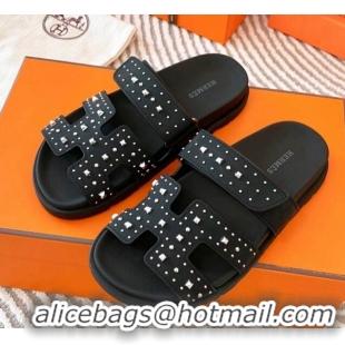 Hot Style Hermes Chypre Flat Sandals in Calfskin with Studs Black/Silver 104085